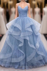 Shiny Blue Tulle A-Line Spaghetti Straps Long Semi Formal Prom Dresses